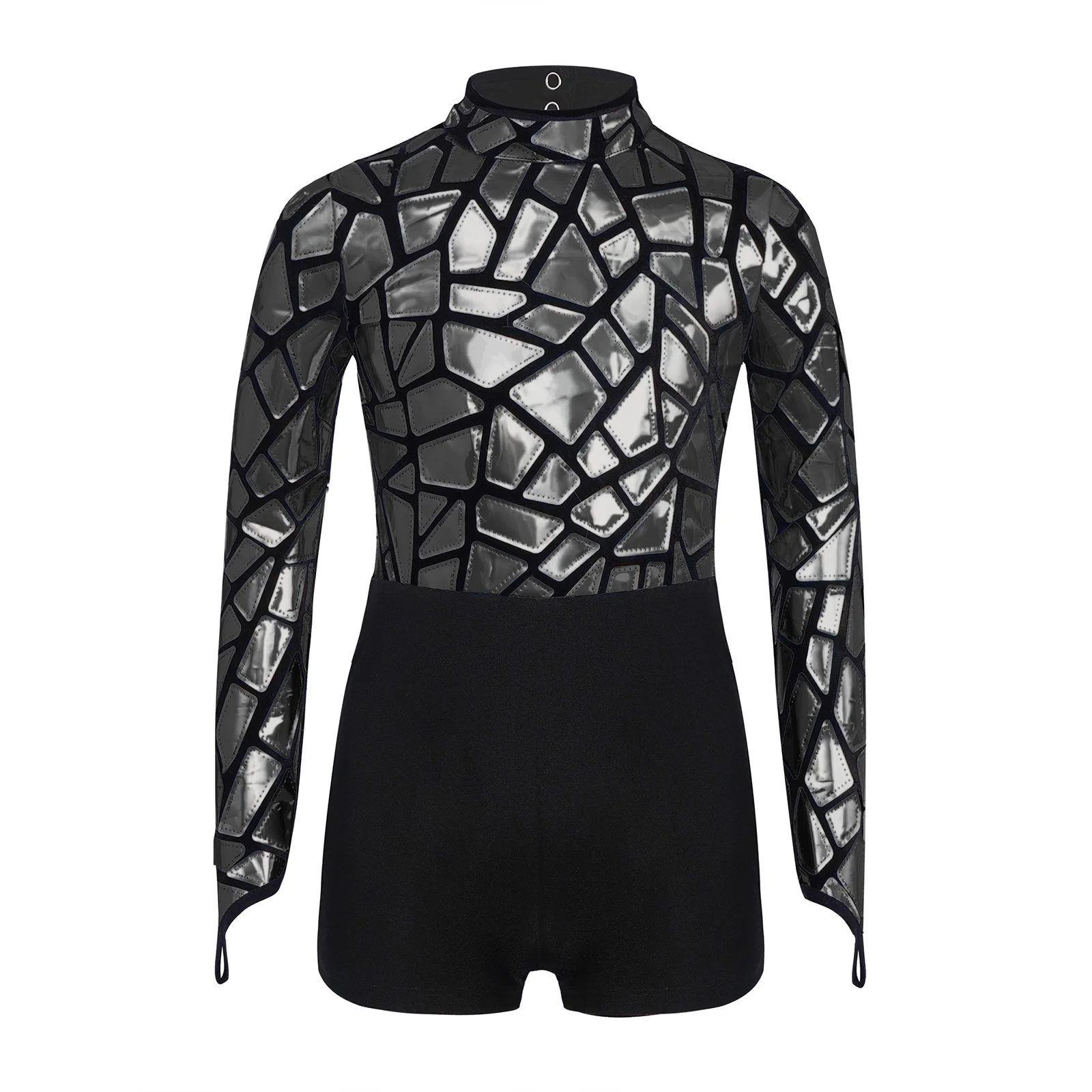 Kids Girls Metallic Sequins Rompers Dance Jumpsuit Long Sleeve Keyhole Back Leotard Bodysuit Dancewear Performance Costume