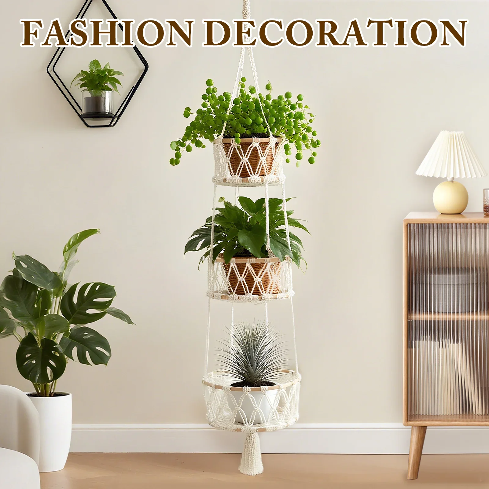 3 Tier Hanging Fruit Basket Handmade Woven Hanging Storage Basket Flower Pot Planter Hanger Garden Decoration Kitchen Basketry