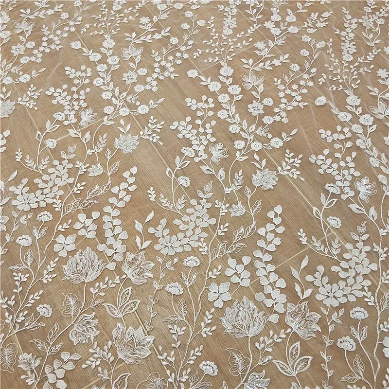High Quality Ivory White Sequined Embroidered Lace Fabric, Handmade Wedding Dress DIY Background Decoration Accessories