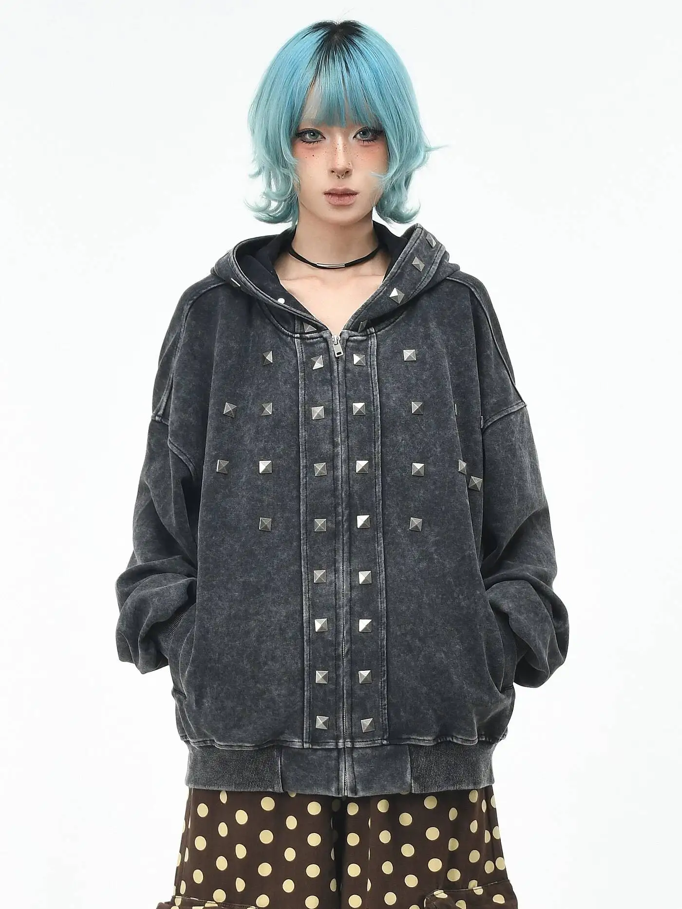 Unisex Hooded Sweater Cardigan 2026 New Punk Abi Style Rivet Vintage Washed Hooded Sweatshirt For Men Women Loose Zipper Jacket