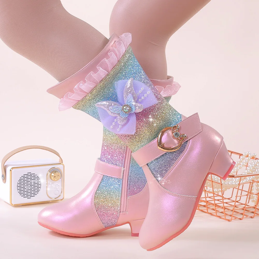 

Children High Heel Boots Winter Girls Lace Bow Warm Princess Snow Boots Colorful Sequins Crystal Mid-tube Kids Botas De Mujer