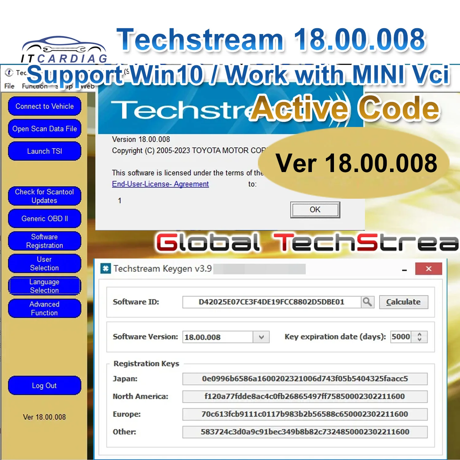 Newest FOR TOYOTA TIS Techstream 18.00.008 Software Link and Active Code Work with MINIVCI MINI VCI Support win10 64bit