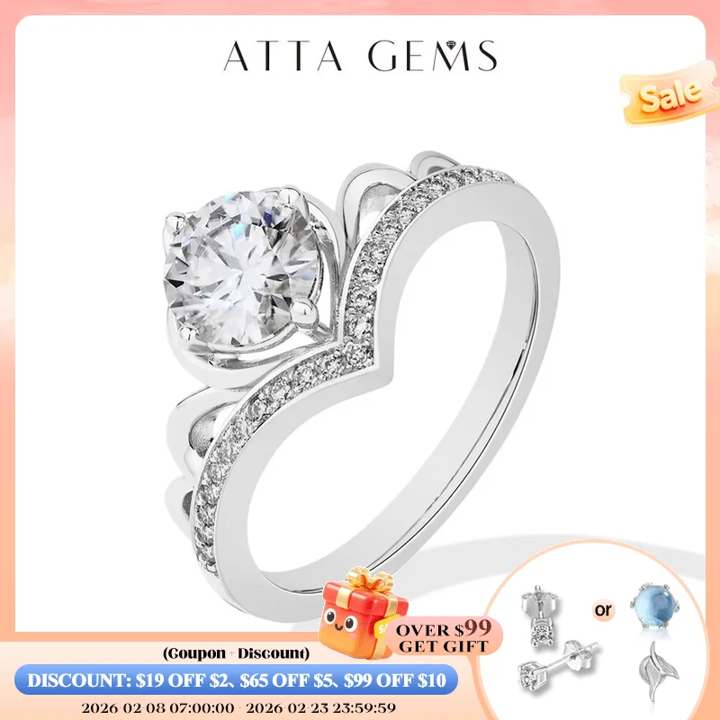 

ATTAGEMS кольца с муассанитом круглой огранки 1 карат DVVS1 S925 стерлингового серебра для женщин Корона принцессы обручальное кольцо высокие ювелирные изделия