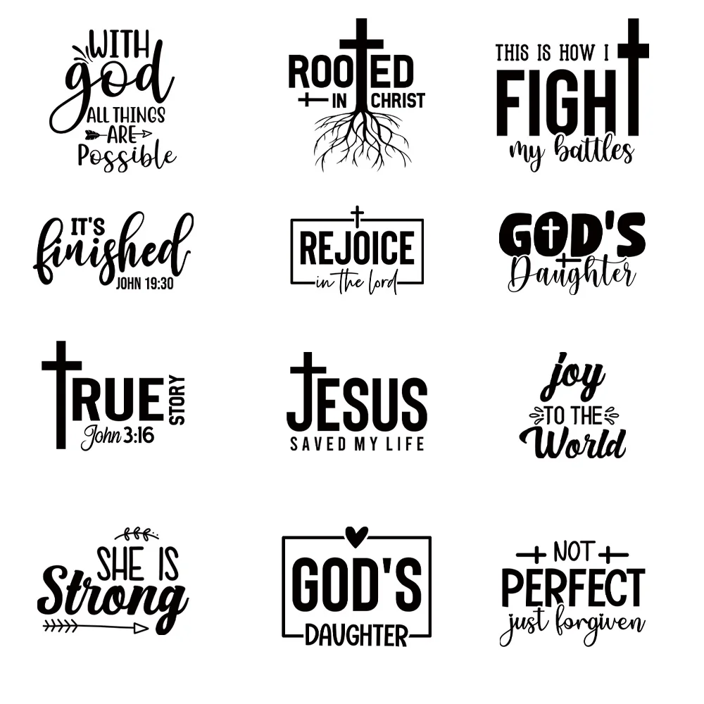 

12PCS Black letters Jesus Heat Stickers On T-shirt DIY Washable Iron On Transfers For clothing Decorated With God Design Patches