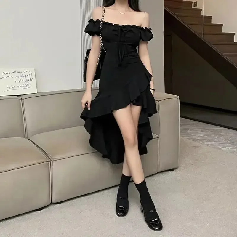 Black Slash Neck Dresses for Women Gothic Mystic Sexy Irregular Ruffles Summer Dress Classy Lady Evening Party Vestidos De Mujer