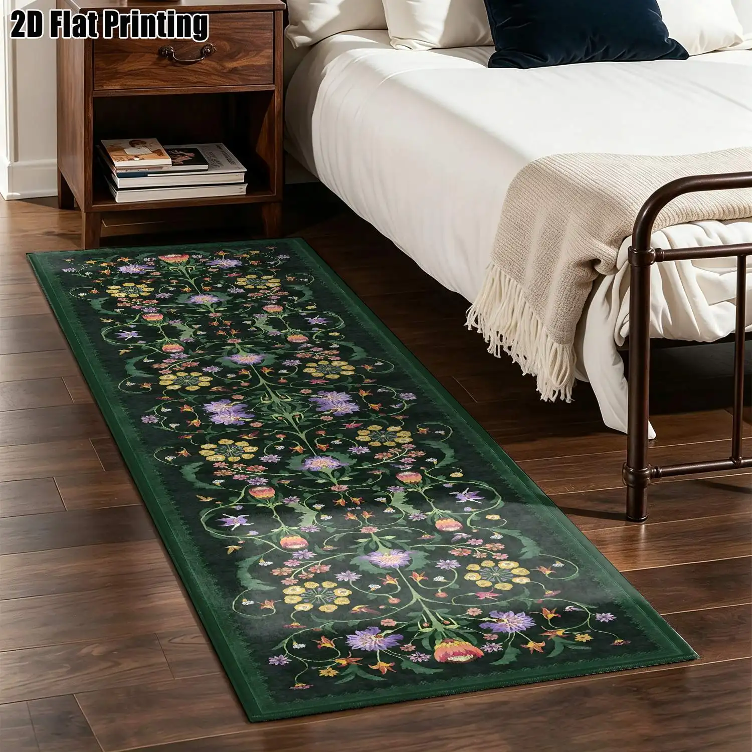 1Pc 2D Printed Deep Green Floral Long Strip Rug Multiple Styles, Sizes Available, Machine Washable, Ideal for Entryway, Hallway, Living Room, Bedroom Home Decor.