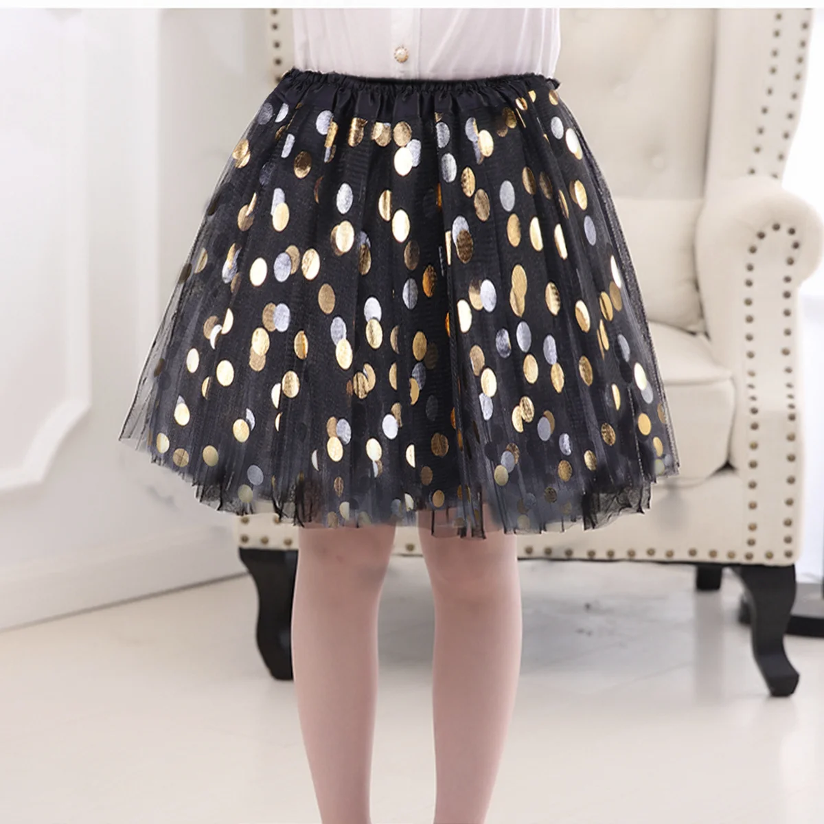 

Layered Black Tulle Skirt Girls Dotted Sequin Elastic Waistband Ballet Party Holiday Dress Up Tutu Skirt for Girls