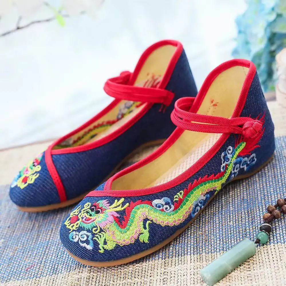 

Woman's New Vintage Embroidered Dragon Pattern Canvas Embroidered Shoes Rubber Sole Low Heel Shallow Mary Jane Shoes Nude Shoes