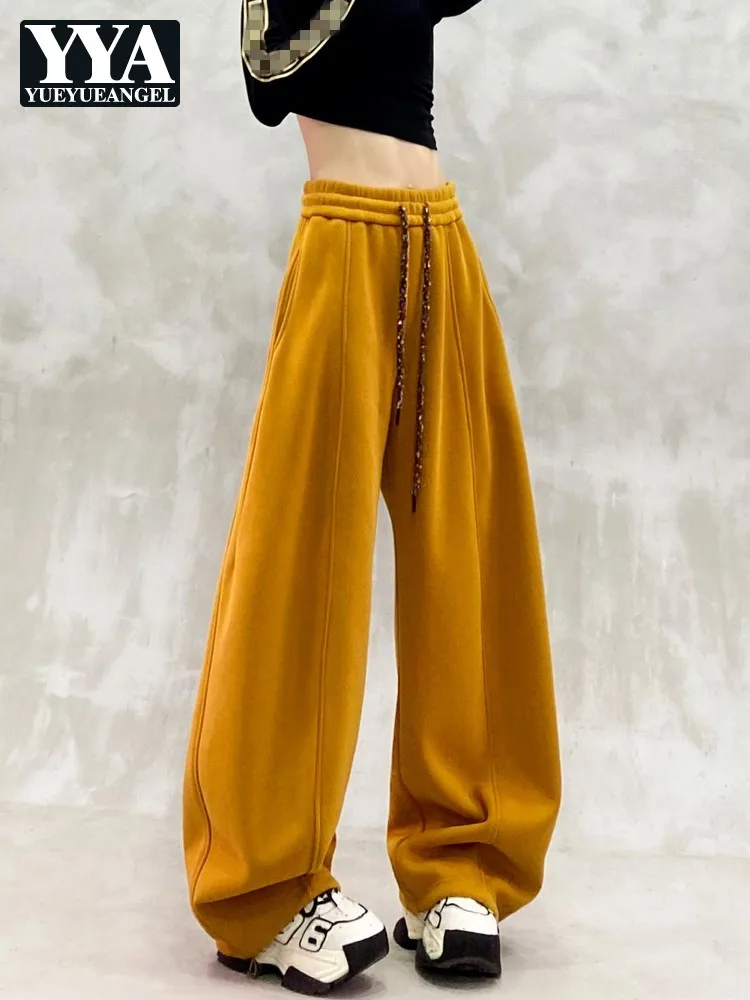 Women Casual Loose Fit Wide Leg Pants Elastic Waist Sweatpants Long Trousers New Autumn Winter Fleece Lining Baggy Harem Pants