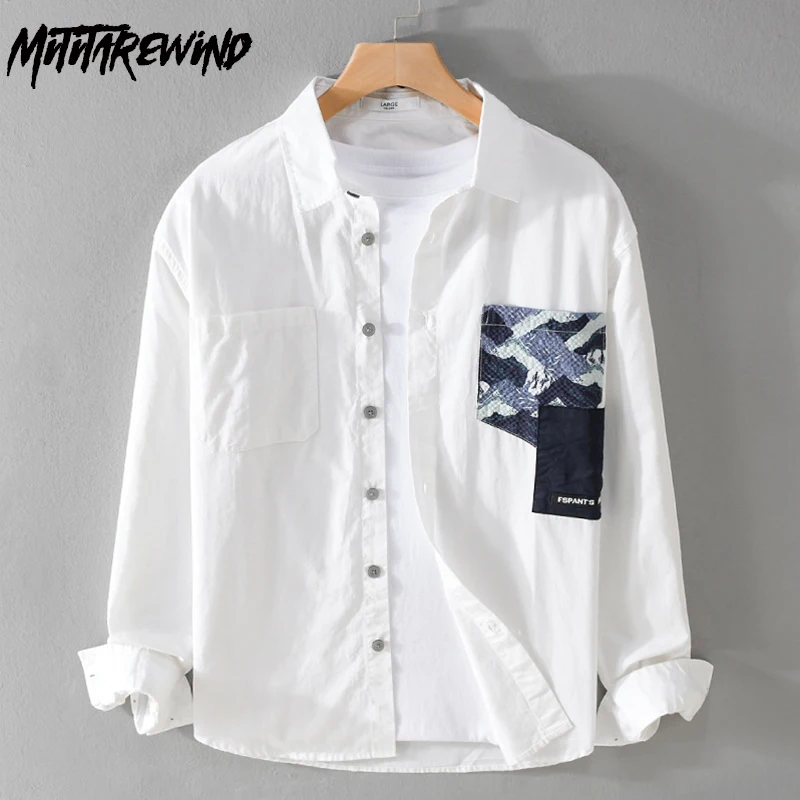 

Korean Fashion Mens Long Sleeve Shirts Spring Fall Daily Causal White Shirt Men Pocket Spliced Printed Shirt Youth Camisa Hombre