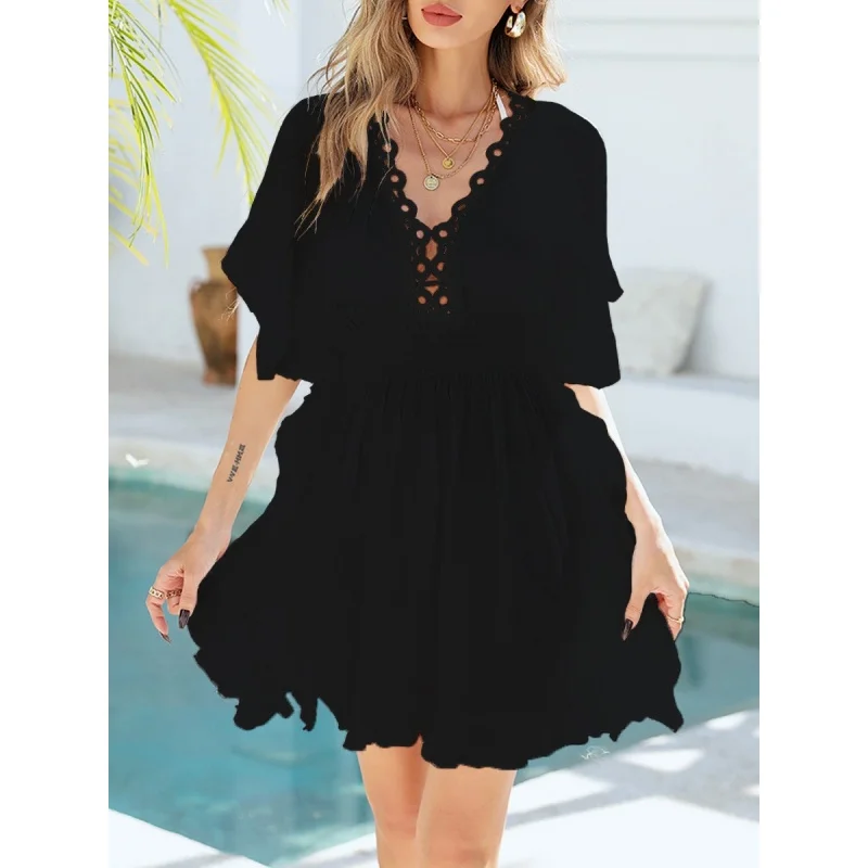 Moda Casual cubrir Ups para traje de baño mujeres ahueca hacia fuera el Crochet cuello en V hendidura Vestido de playa 2025 vacaciones Fiesta EN LA Piscina Bikini cubrir