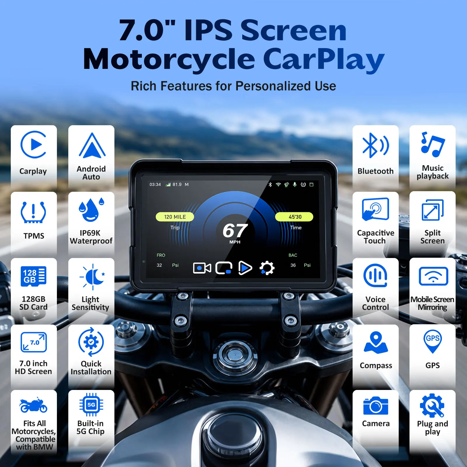 LBW Quick-release Motorcycle CarPlay With TPMS Dual Cameras GPS Navigation Compatible For All Models