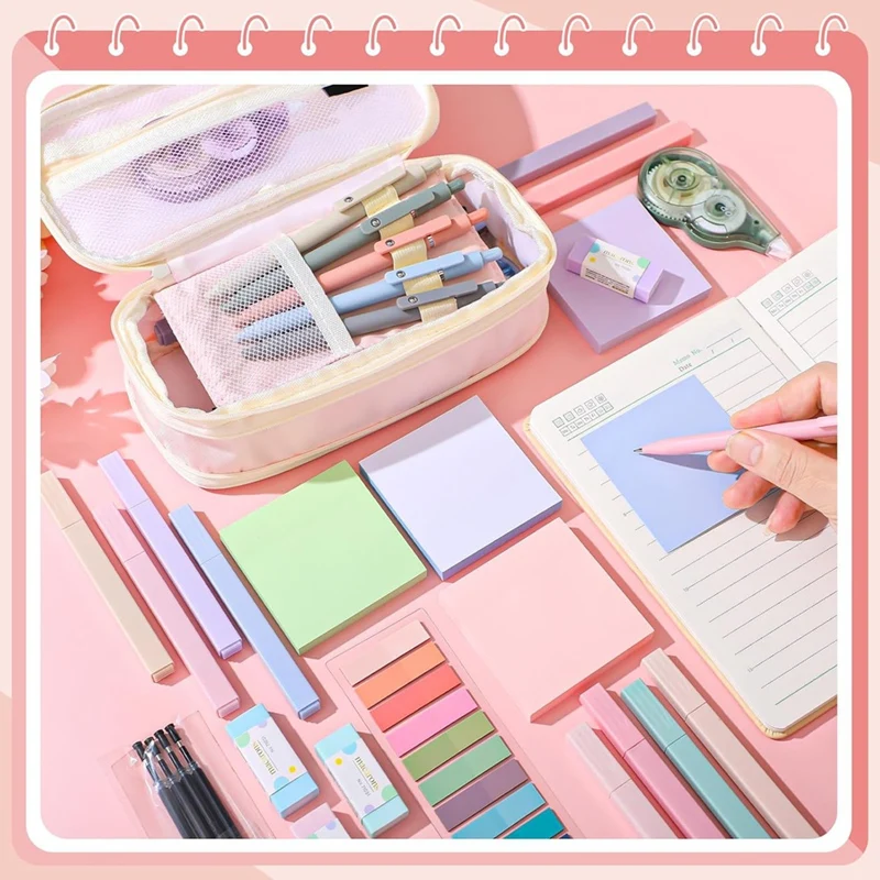 49 قطعة من اللوازم المدرسية الجمالية مع مقلمة وردية، لمجموعة قرطاسية للطلاب