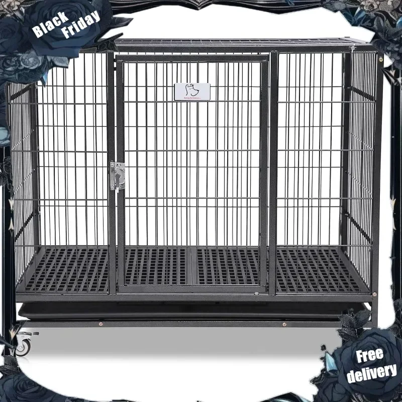 

37 inch Stackable Open Top Heavy Duty Dog Crate Cage for Medium Dog with Wheels and Removable Tray