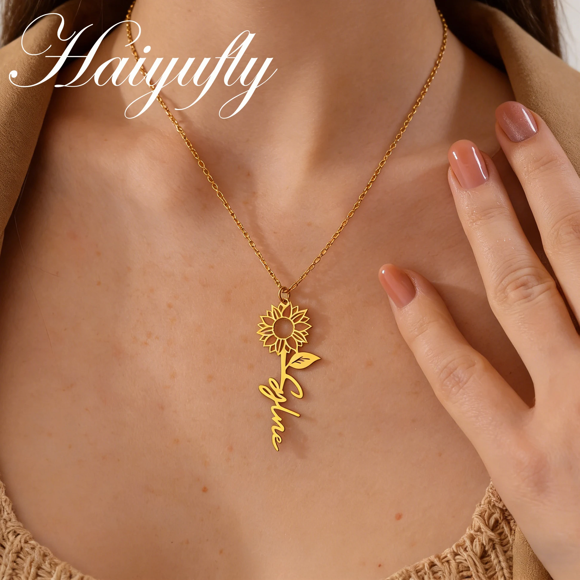 

Haiyufly Custom Name Necklace for Women Personalized Sunflower Pendant Choker Chain Stainless Steel Jewelry Floral Birthday Gift