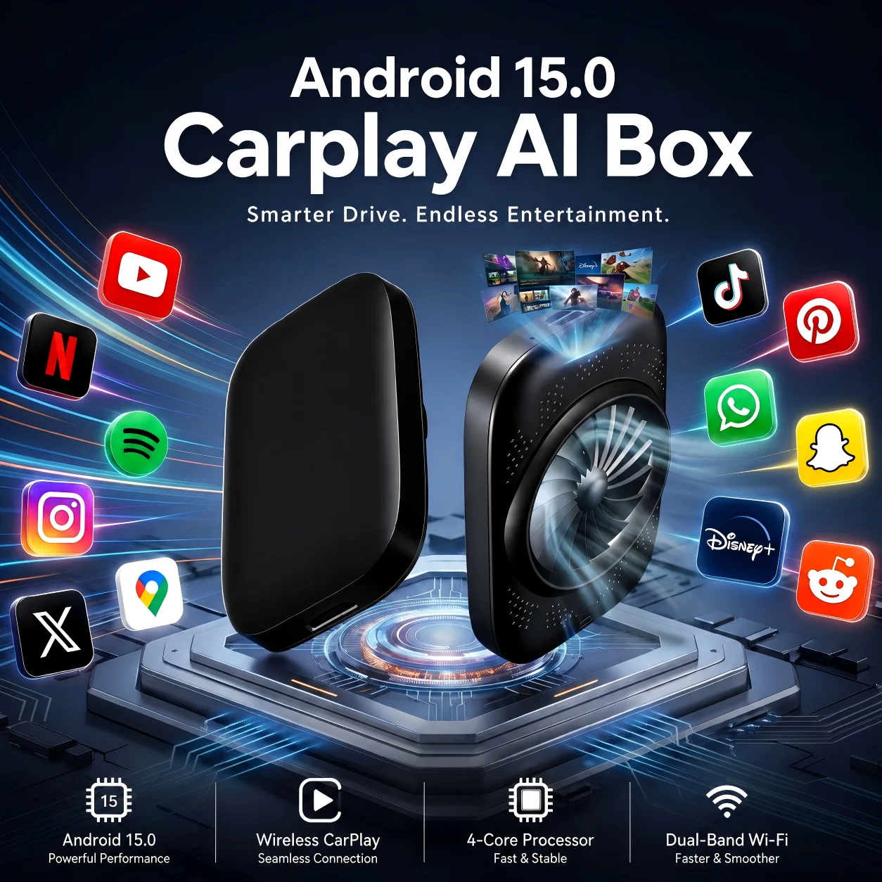 Android 15 CarPlay AI Box Wired to Wireless CarPlay & Android Auto Netflix & YouTube Compatible with Volkswagen Kia Toyota VW