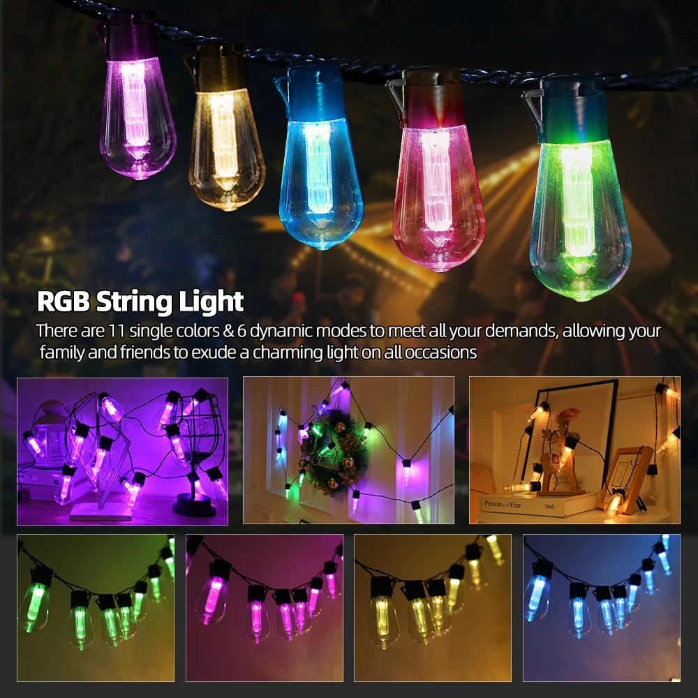 S14 Outdoor Light String, Solar/USB Upgrade RGB Colorful Synchronous Commercial Grade Weatherproof Outdoor Garden Light