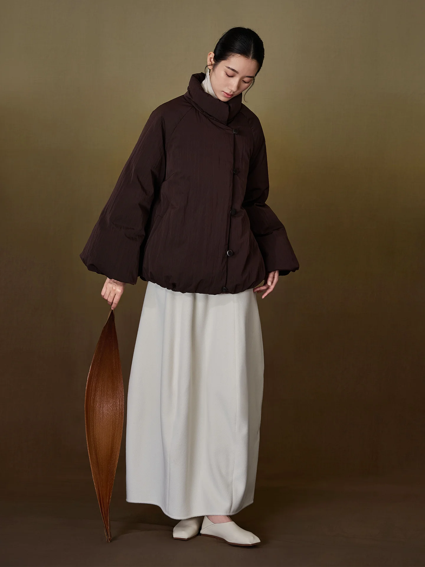 

NAAMSAAN Winter New White Du down Puffer Jaet Dstring Flower Bud Loose Casual Stand Collar Button Coat