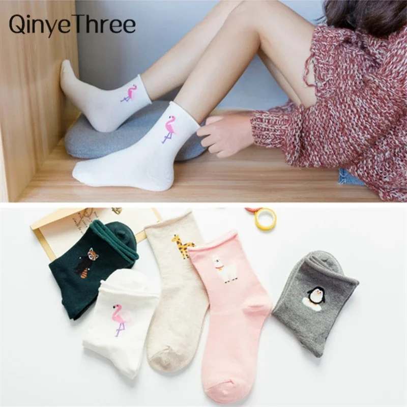 Lovely Girls\' Cartoon Animal Socks Flamingo Penguin Giraffe Alpaca Crimping Piled Soft Confinement Loose Mouth Sokken