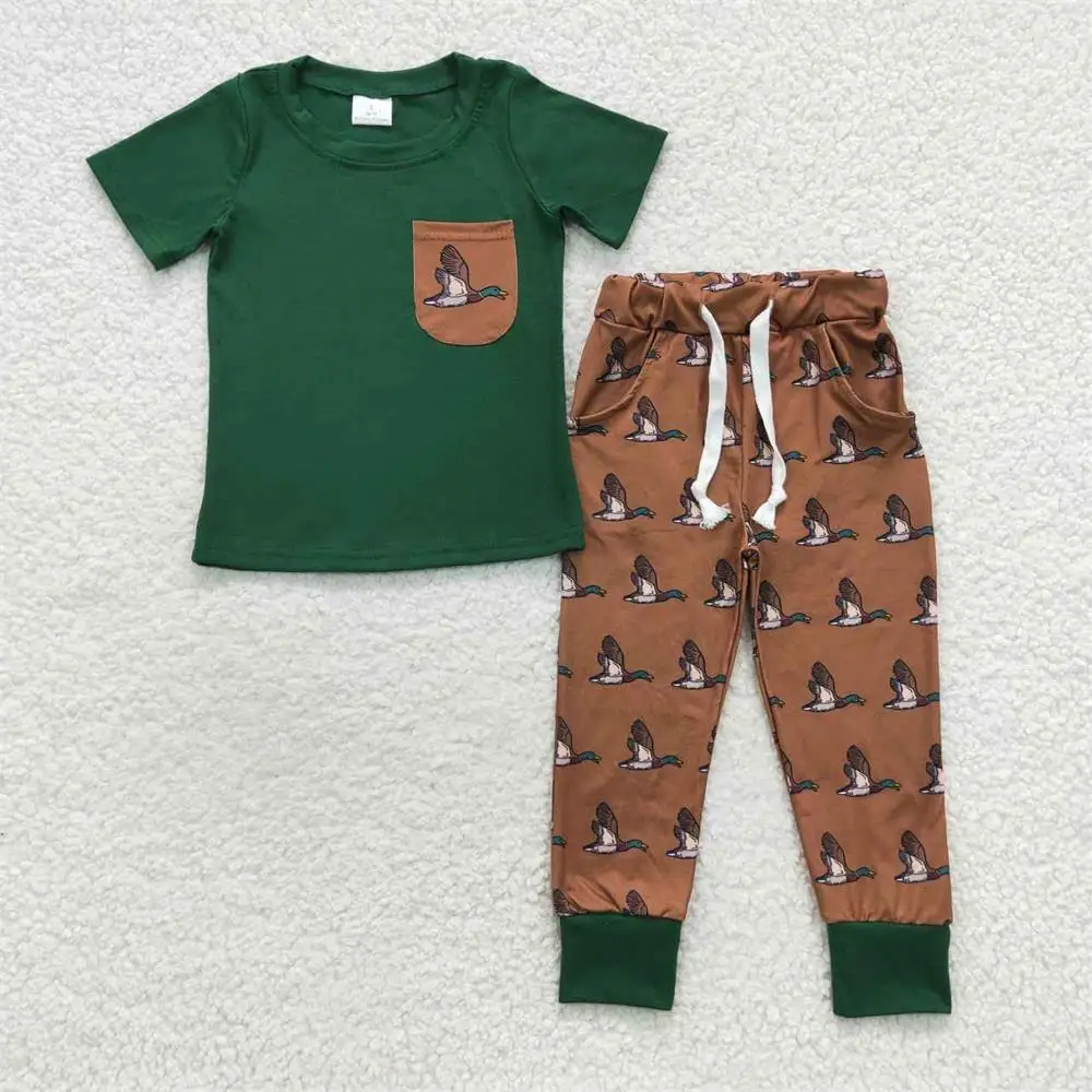 

Wholesale Toddler Green Short Sleeves Pocket T-shirt Kids Tee Baby Boy Outfit Ducks Pants Jogger Infant Children Trouser Set