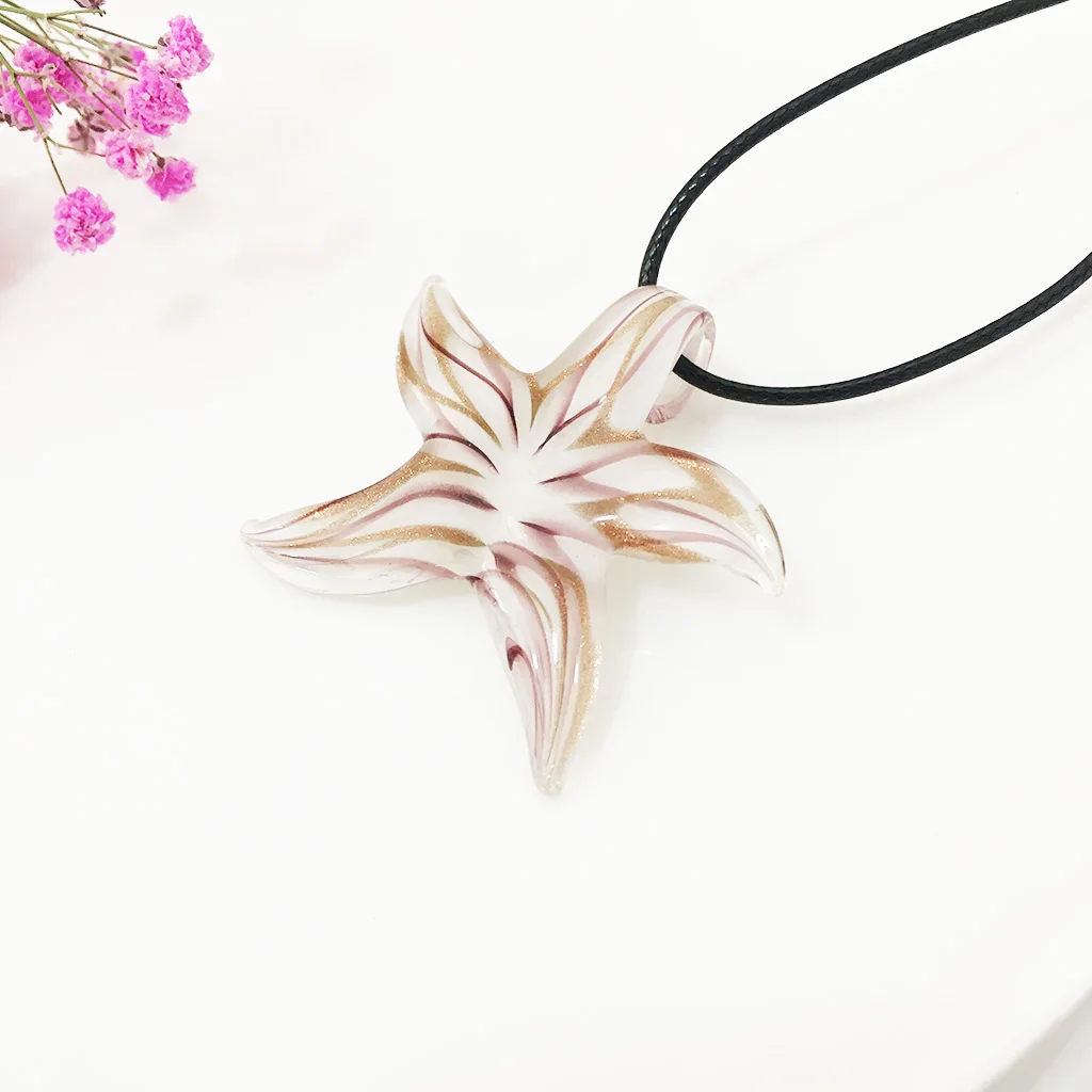 1PCS Sea Star Starfish Pattern Murano Glass Pendant Necklace Jewelry Pink Lampwork For Women 29MM Fashion Decorations