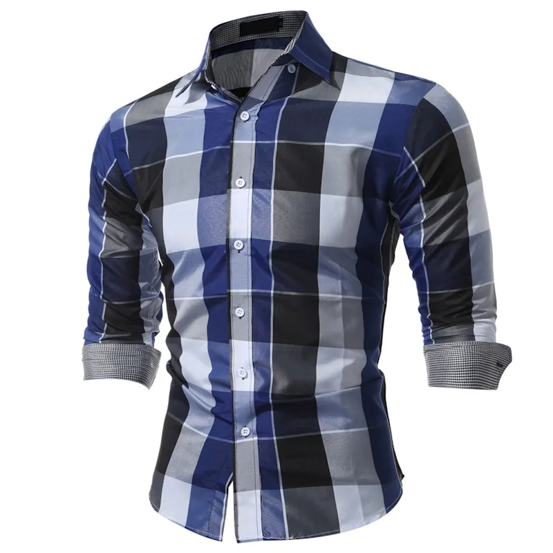 Spring Autumn Men's Lapel Long Sleeve Checkered Shirt Fashion Casual Contrasting Plaid Slim Fit Shirt