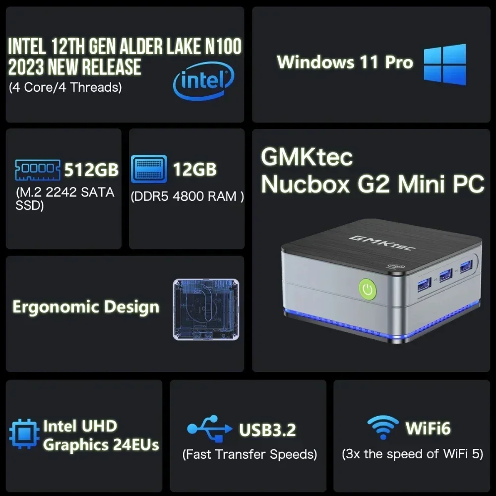 US.EU GMKtec G2 Mini-PC Windows 11 Pro Intel 12. Generation Alder Lake N100 Mini-PC DDR5 12 GB RAM 512 GB ROM WiFi 6 BT5.2 Desktop-Compu