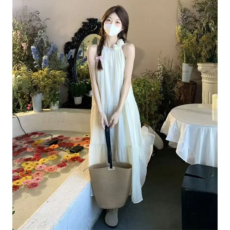 Robes femmes robe col en V été Modal smockage Applique cordon régulier station de sable vacances romantiques doux artistique quotidien