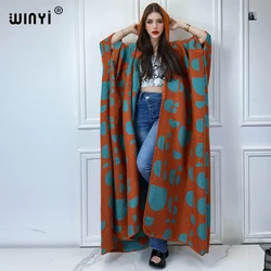 WINYI Winter African print Hooded loose cardigan Female abaya Autumn outfits for women coat Open Front Kimonos long down dress