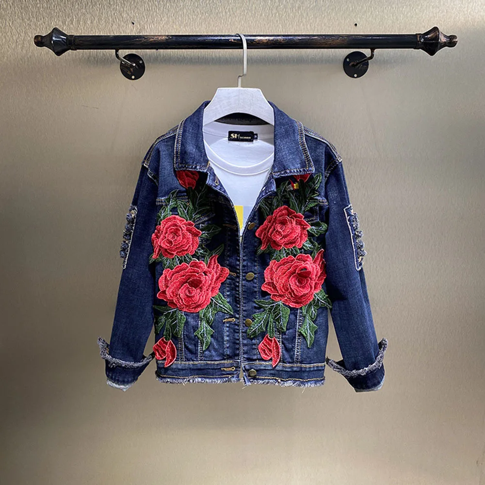 2022 Spring Autumn New Women\'s Embroidery Red Rose Short Denim Jacket Coat Hole Long Sleeve Skinny Dark Blue Jeans Coats