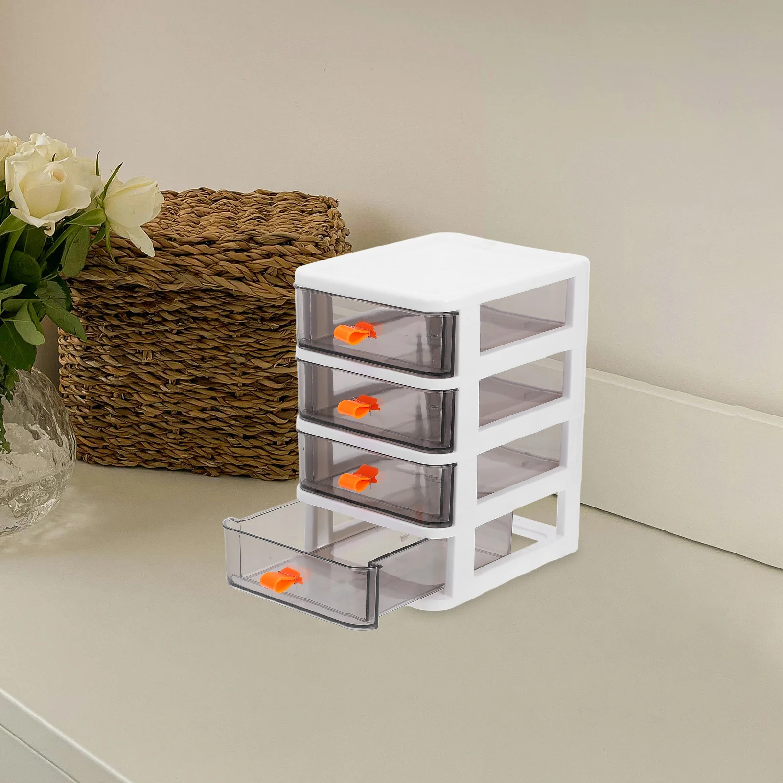 

4 Compartment Stackable Drawer Organizer Clear Plastic Storage Box for Office Desk Stationery Supplies Desktop Organiser Small
