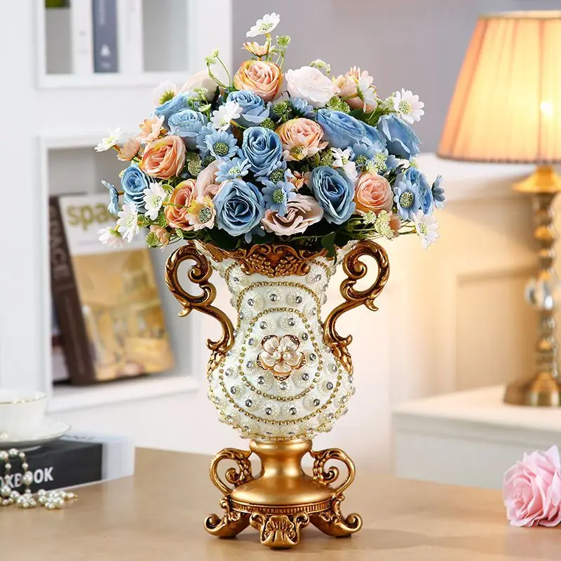 Luxury Rhinestone Inlay European Style Vase American Home Desktop Decor Vase Artificial Flower Arrangement Container