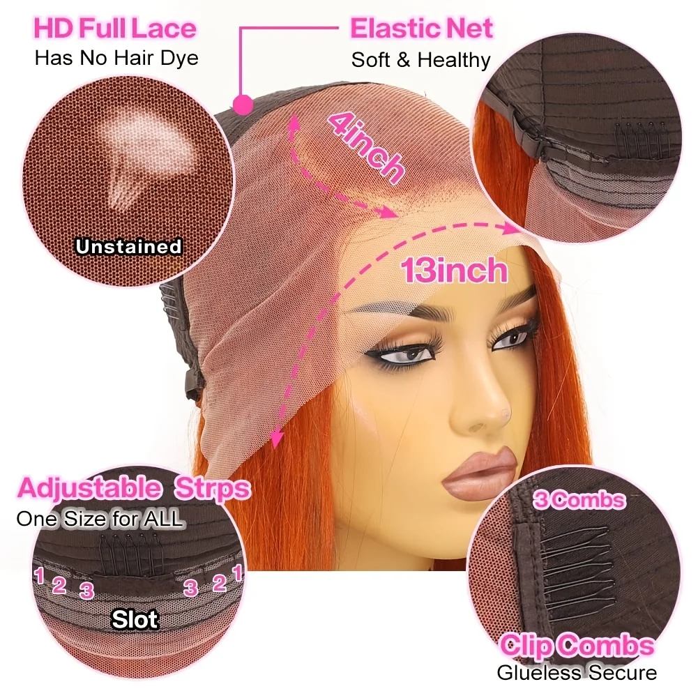 VideoOrange-Perruque Bob Lace Front Wig Naturelle, Cheveux Lisses, 13x4, Pre-Plucked, Densité 180%, 350 #