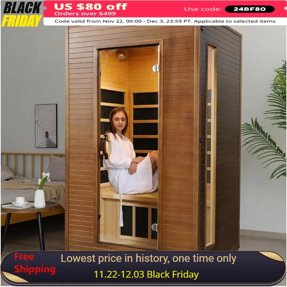 Infrared Cedar Wood Sauna Room, 1-2 Person Far Infrared Sauna, 1700W Dry Saunas for Home with Control Panel, Bluetooth Speakers