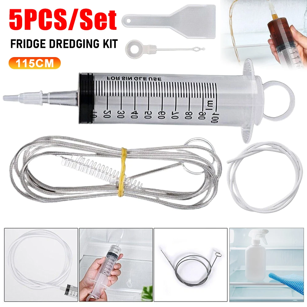 5PCS/Set Clean Brush Kit for Refrigerator Drain Wash Brush Suction Syringe 115cm Hose Fridge Drain Hole Cleaner Stick Dredge Too