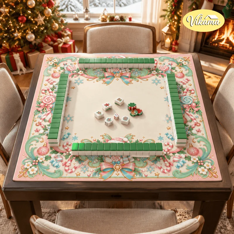Christmas Candy Snowflake Mahjong Mat Non Slip Waterproof Table Cover for Dining Room Family Game Night Holiday Decor