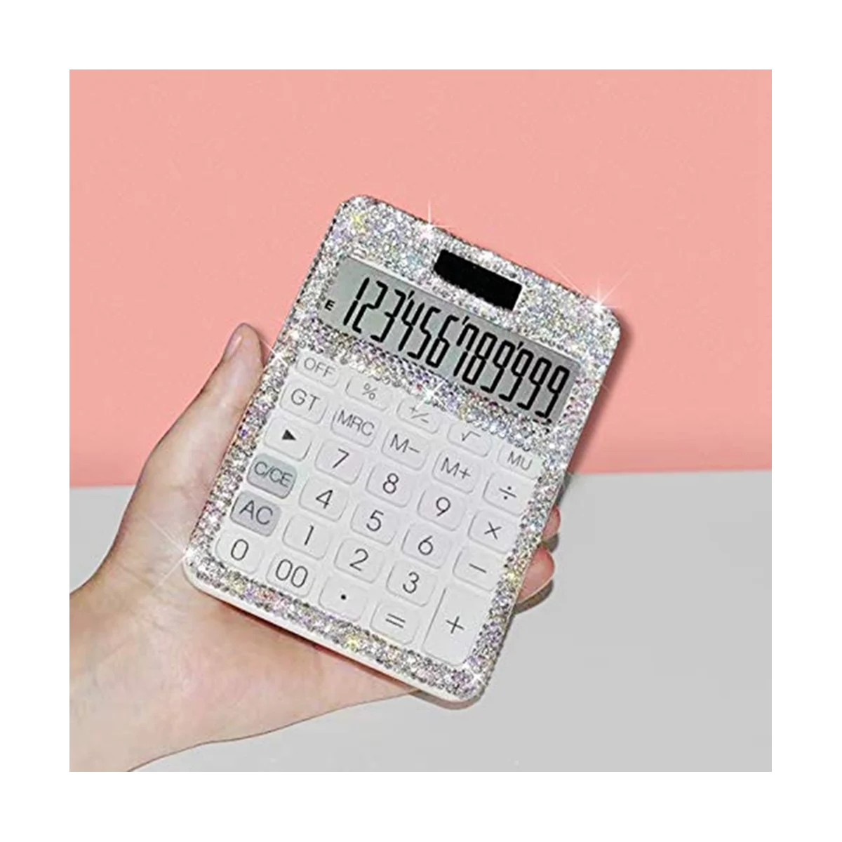 Rhinestone Crystal Dazzling 12 Digit Solar and Battery Dual Power ,LCD Display Calculator for Office, School White