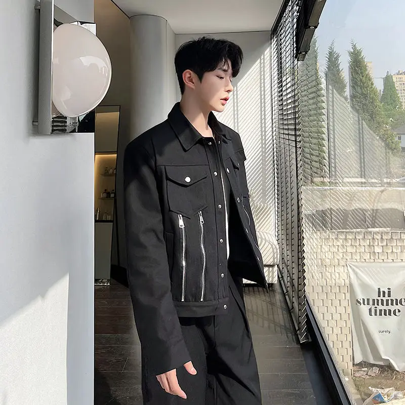 Autumn Men's Denim Coat Metal Zipper Safari Style Solid Color Jacket Casual Male Korean Style Tops Trend Outerwear