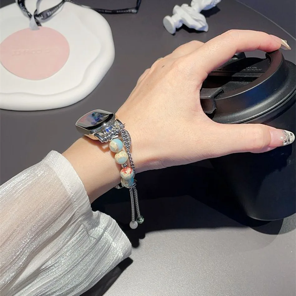 Correa para Xiaomi Mi Band 8 7 6 5, pulsera de cuentas con patrón de piedra de mármol de moda para Miband 5 6 4 3, pulsera de muñeca con estuche