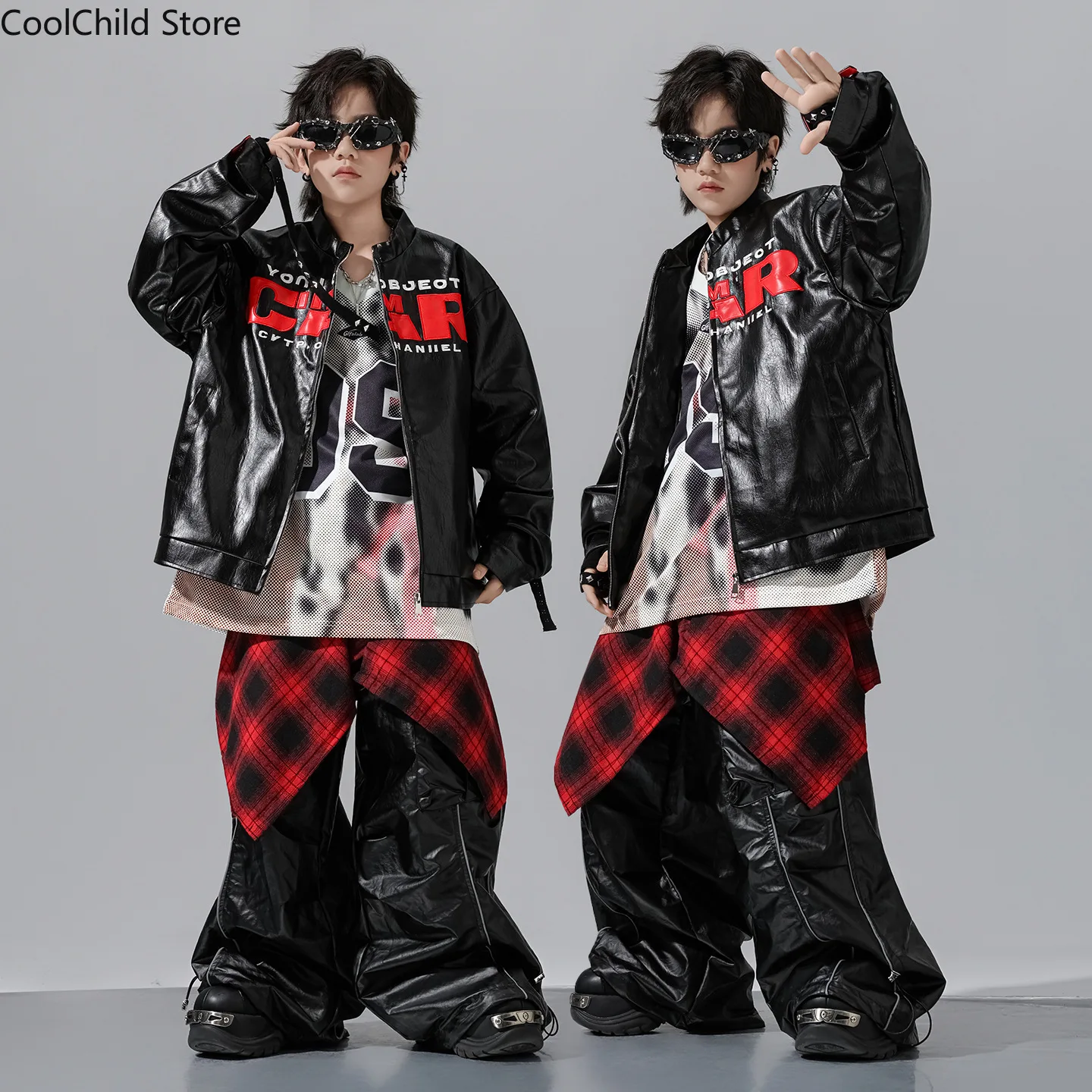 Boys Hio Hop Letters Leather Jacket Street Dance Loose Cargo Pants
