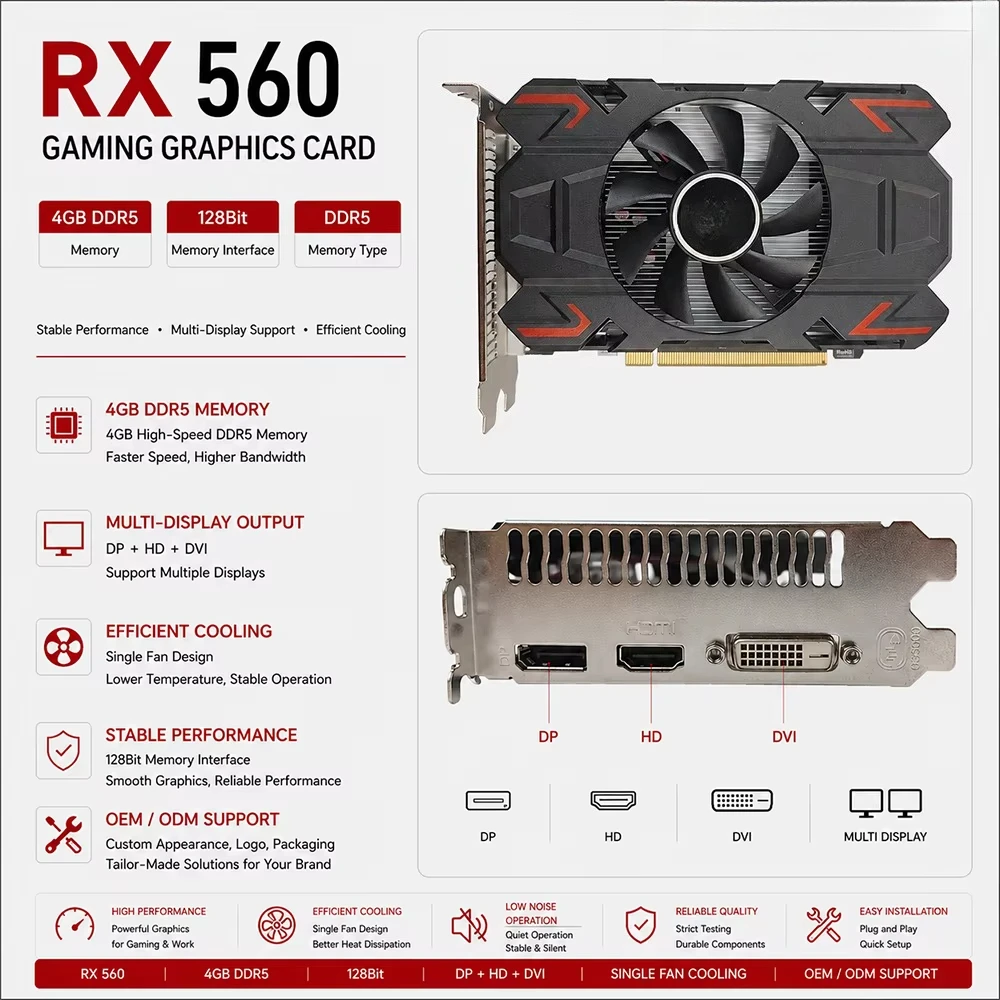 Graphics Card RX 560 4GB GDDR5 128Bit Fan-Cooled PCIe 3.0 X16 Gaming GPU New for Desktop Computers
