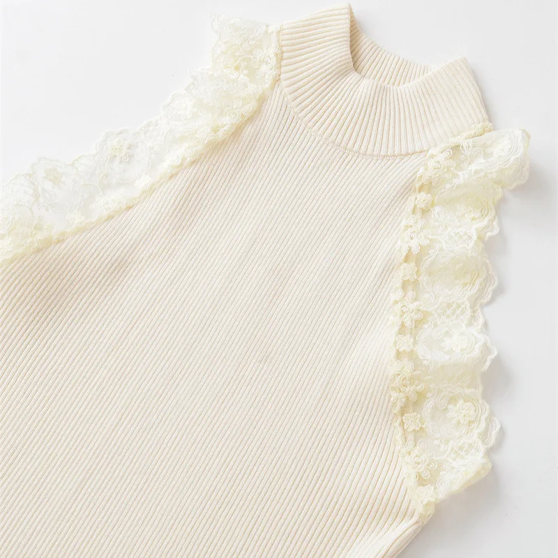 Spring New Women's Clothing Fashion Sweet Wind Sleeveless Semi-turtleneck Lace T-shirt