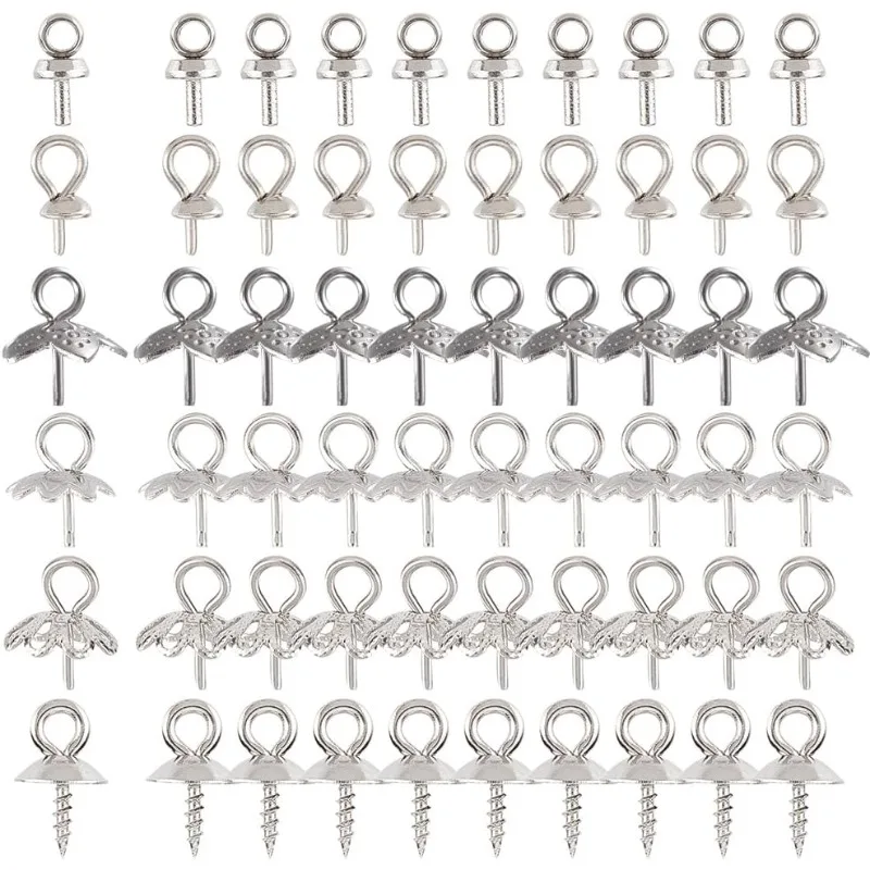 

1 Box 60Pcs 6 Style Eye Pin Bails Cup Pearl Peg bails 304 Stainless Steel Screw Eye Pin Bail Peg Charm Clasps Connector Peg Pin