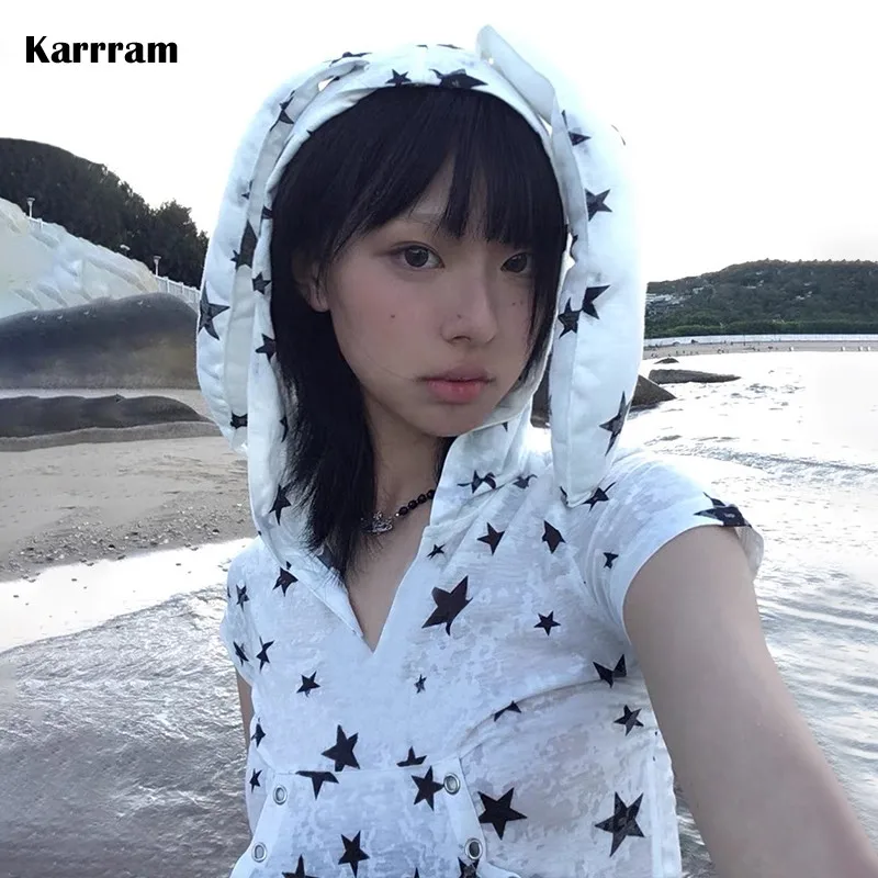 Karrram Japanese Y2k Hooded T-shirt Vintage 2000s Style Rabbit Ears Tops Harajuku Star Print Short Sleeve T Shirt Korean Popular