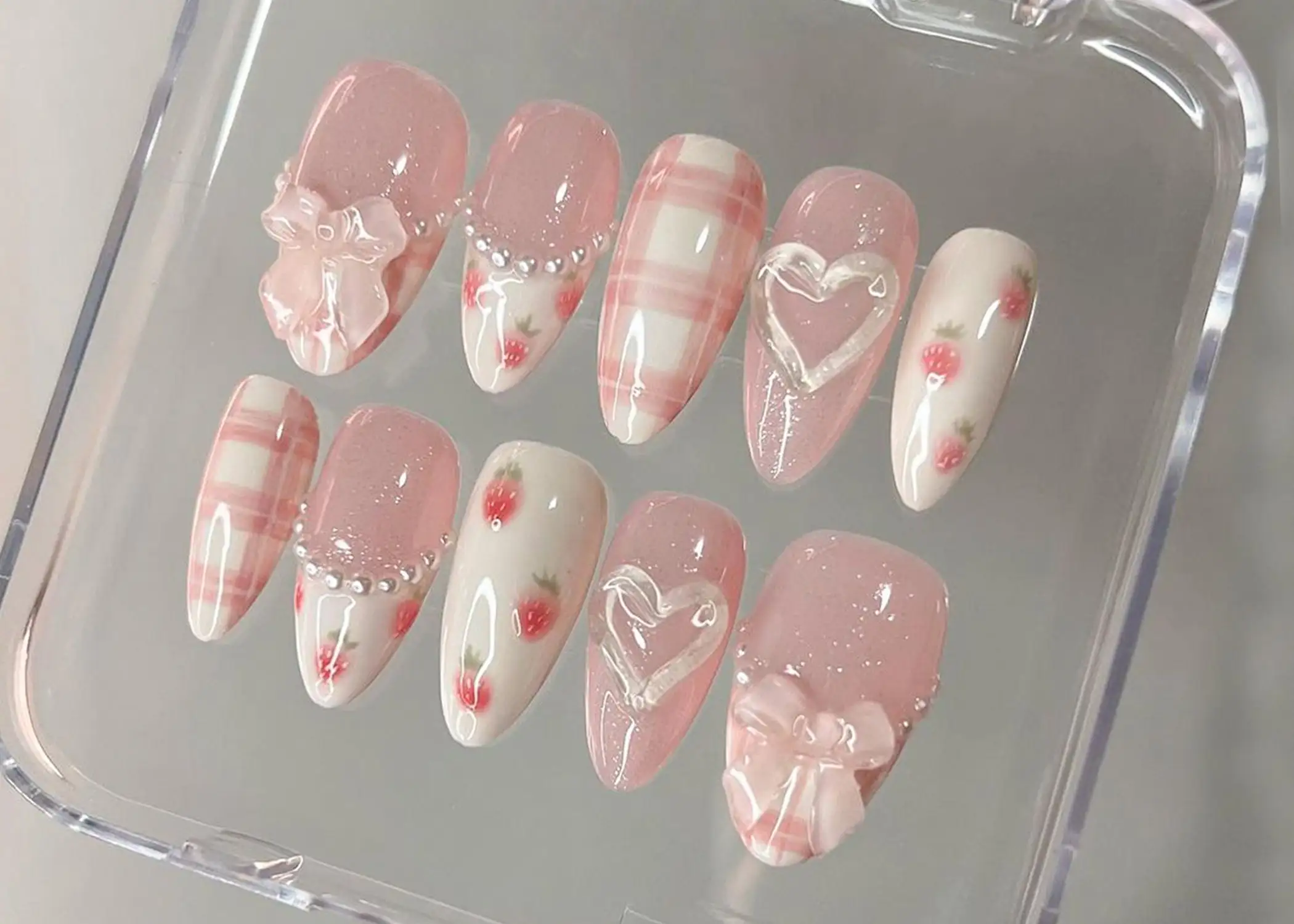 

Dreamy Pink Press On Nails | Nail Set With Strawberry Design | Cute Bow and Heart Nail Art | Adorable 3D Raised Art