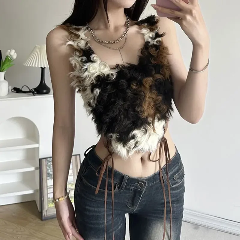 Sexy Style Tie-dye Gradient Retro Special Plush Short Vest Women's Trendy Street Splicing Y2K Hot Girl Shopping Tops Inner Wear