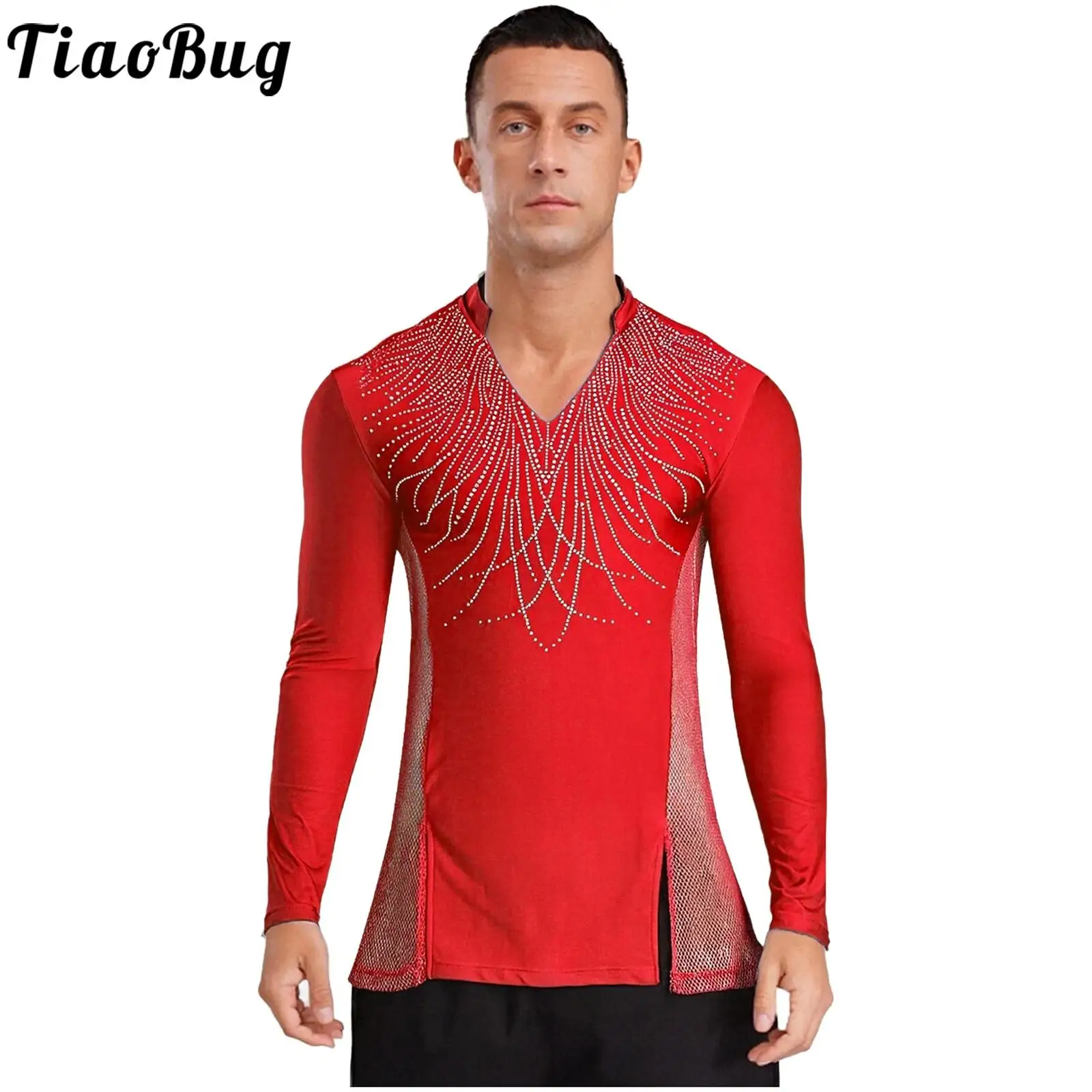 

Men Latin Ballet Dance Top Glittery Rhinestones Long Sleeve Side Mesh with Split T-shirt Top for Chacha Tango Ballroom Dancewear