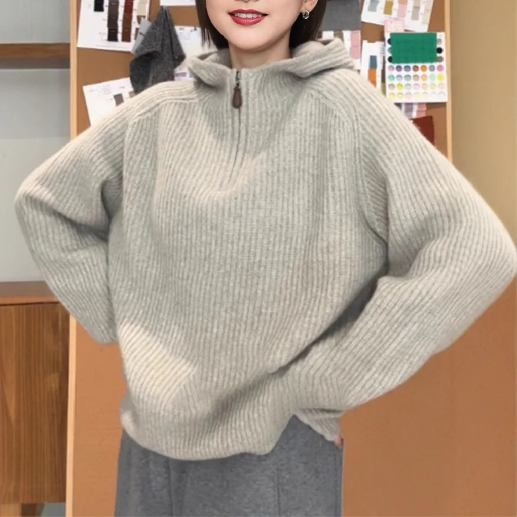 خريف شتاء جديد وصول مريحة أعلى فضفاضة طويلة الأكمام سستة هوديي المرأة محبوك سترة عارضة نمط لون نقي