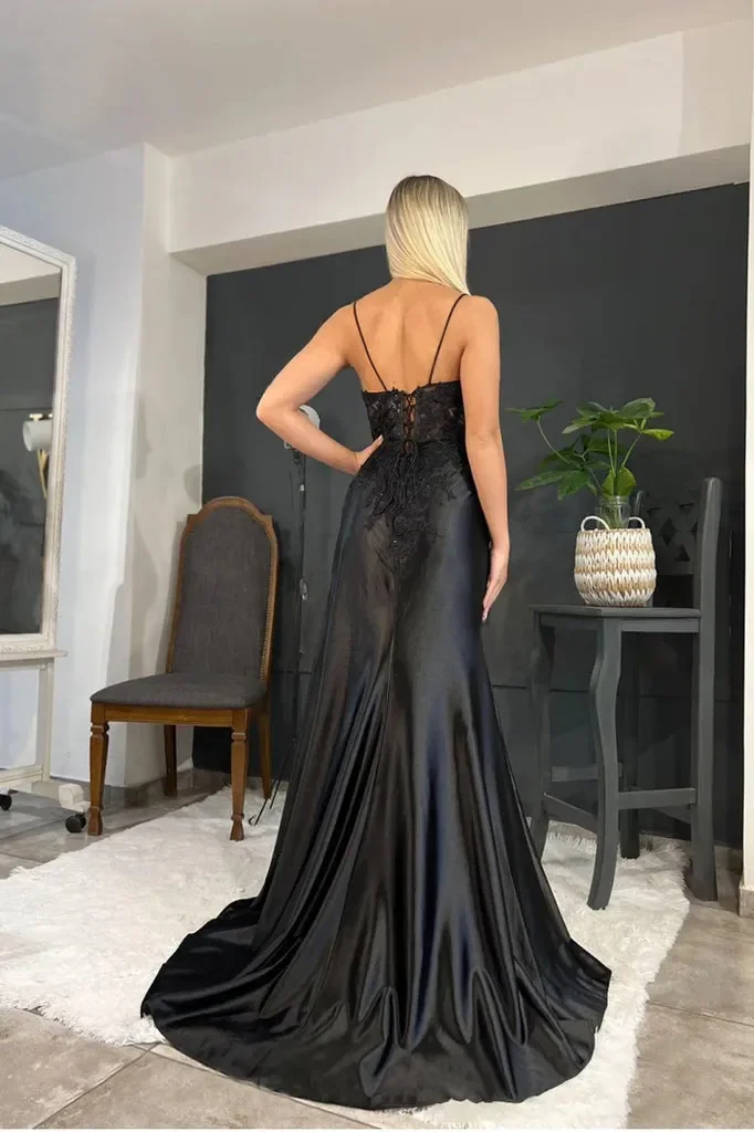 Vestido de fiesta de graduación de encaje negro de lujo Sexy para mujer, calcomanía con cuello en V, Espalda descubierta, Correa italiana, elegante, largo, personalizado, nuevo vestido de noche