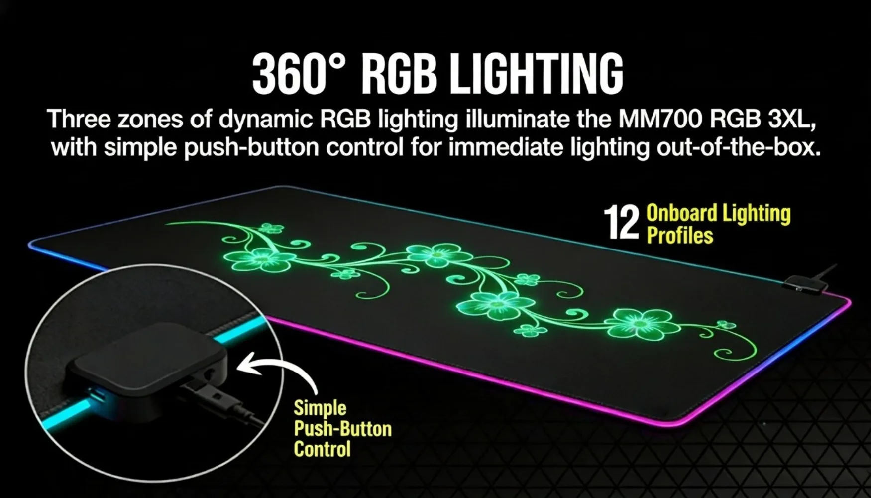 

Floral Vine RGB Gaming Mouse Pad Large Desk Mat, 360° RGB Lighting 12 Modes Green Flower LED Waterproof Non-Slip Mousepad